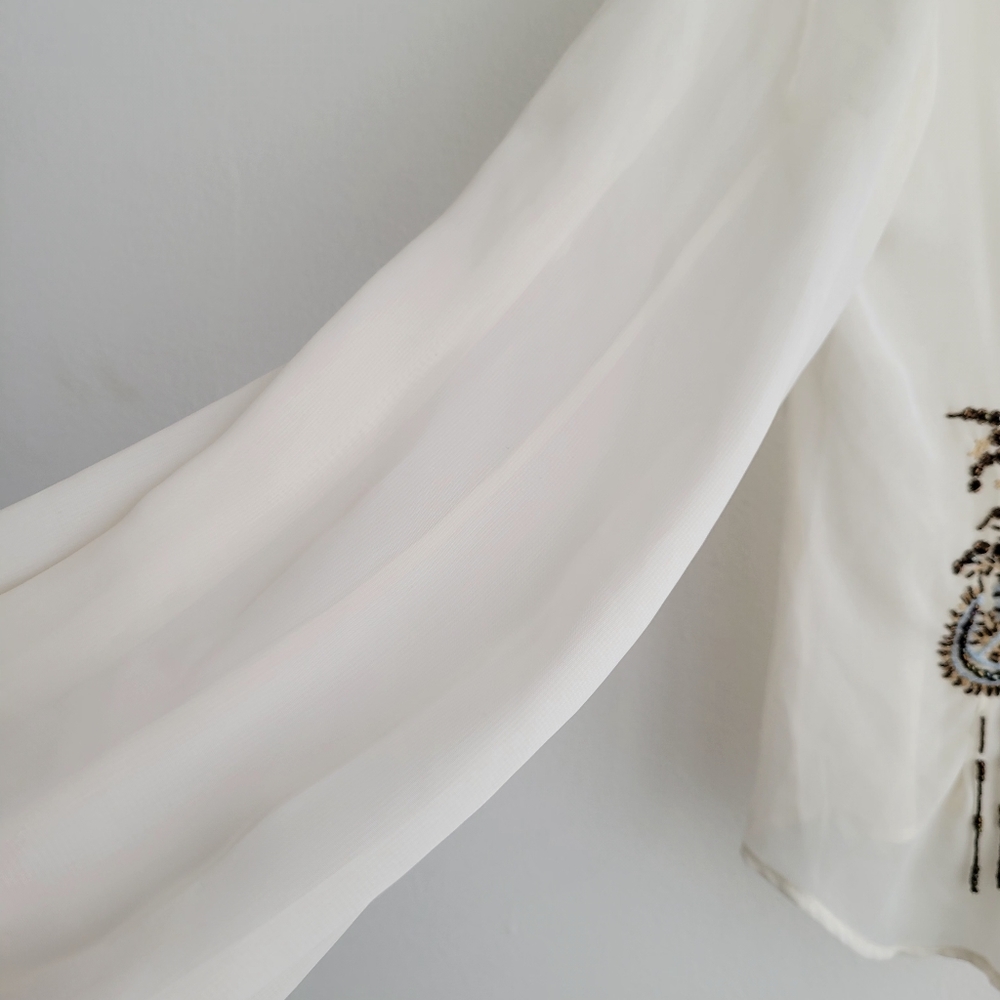 RANDOLPH DUKE Sheer Off White Beaded Boho Flounce Top - Picture 4 of 6